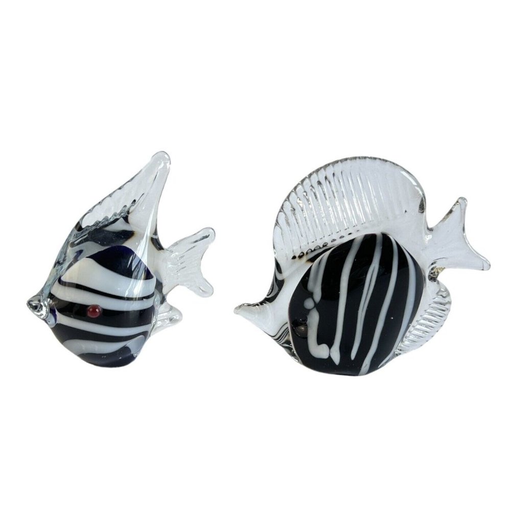 Vintage Swirl Fish Crystal Figurine Murano Style Black‎ & White Set of 2